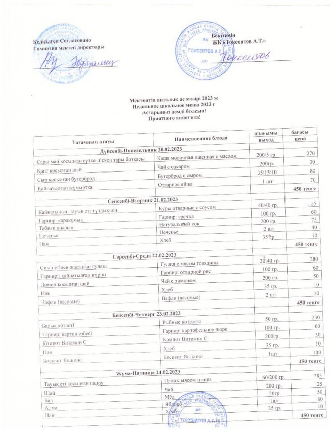 Мектептің апталық ас мәзірі