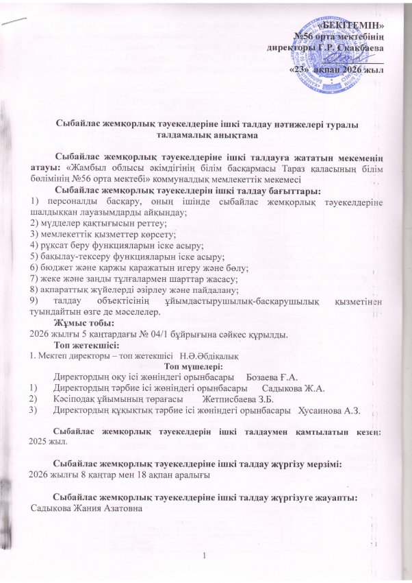 Сыбайлас  жемқорлық  тәуекелдерін  ішкі  талдау  нәтижелері туралы талдамалық анықтама